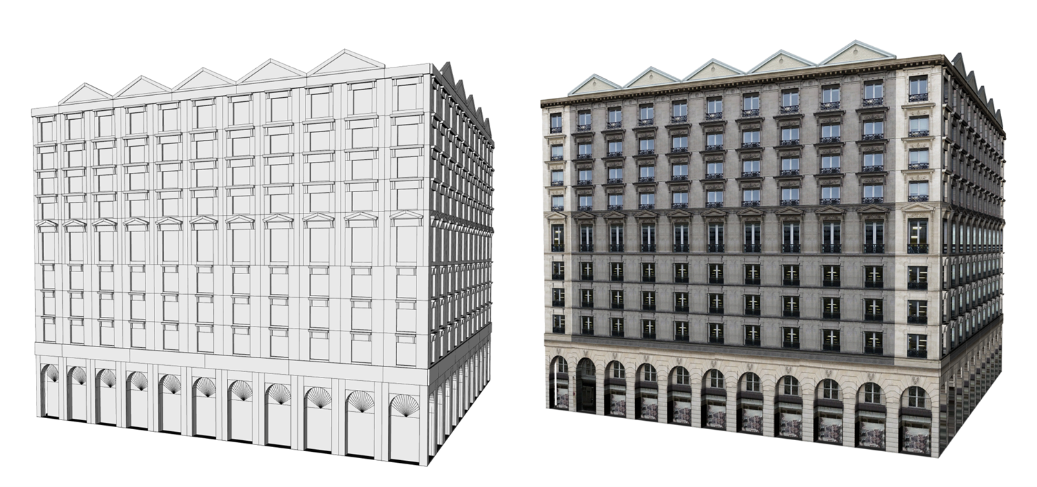 Finished facade with relinking, asset insertion, and LOD3 Finished facade with relinking, asset insertion, and LOD3