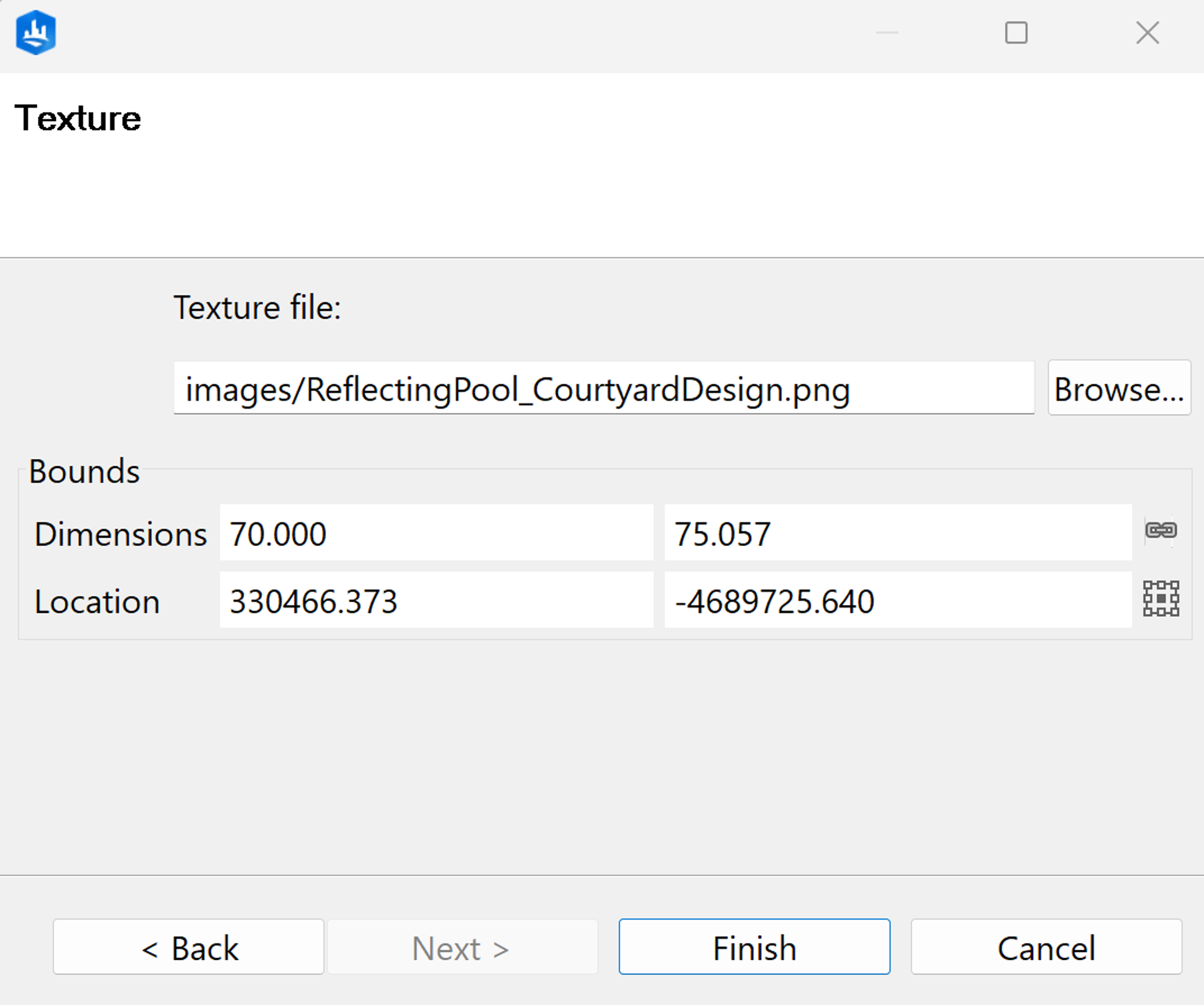 Reflecting pool dimensions and location settings Reflecting pool dimensions and location settings