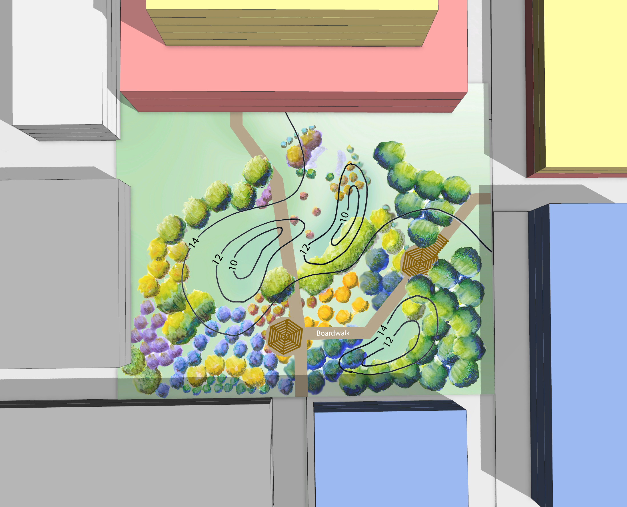 Rain garden texture placed in lower courtyard Rain garden texture placed in lower courtyard