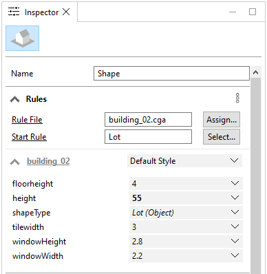 Inspector view of a selected shape