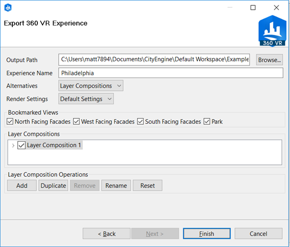 360 VR Experience export dialog