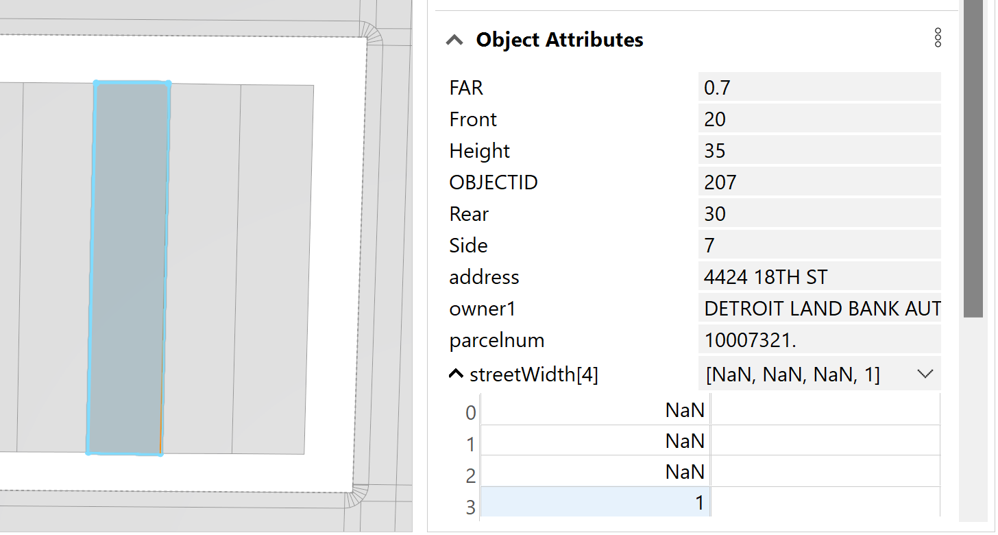 Selected shape with streetWidth object array created