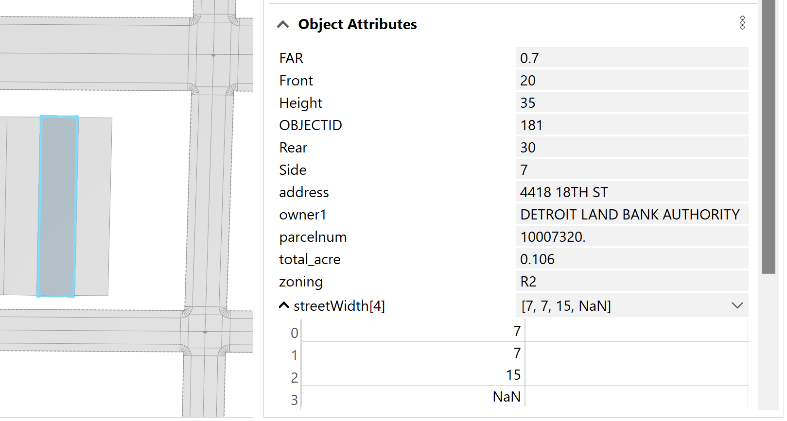 Selected shape with streetWidth attribute array created