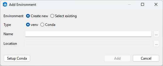 Add environment dialog box