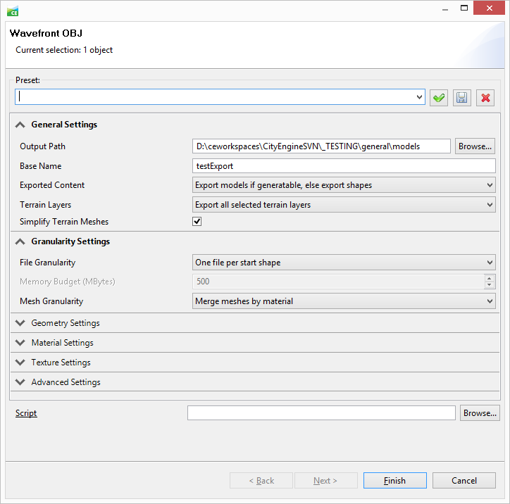The obj model export dialog displayed with interactive enabled