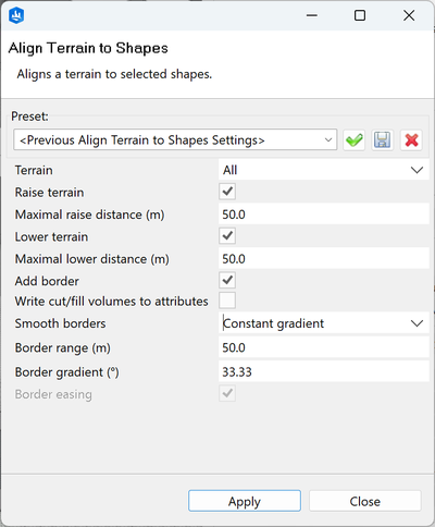 Align Terrain to Shapes dialog box for a gradient