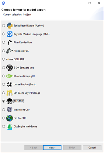 Choose format for model export window