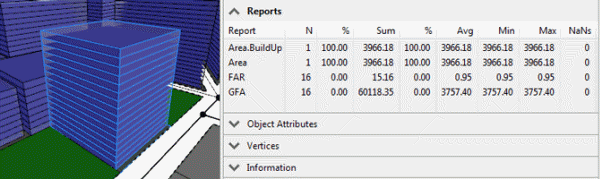 FAR and GFA for a single selected building shown in the Reports pane