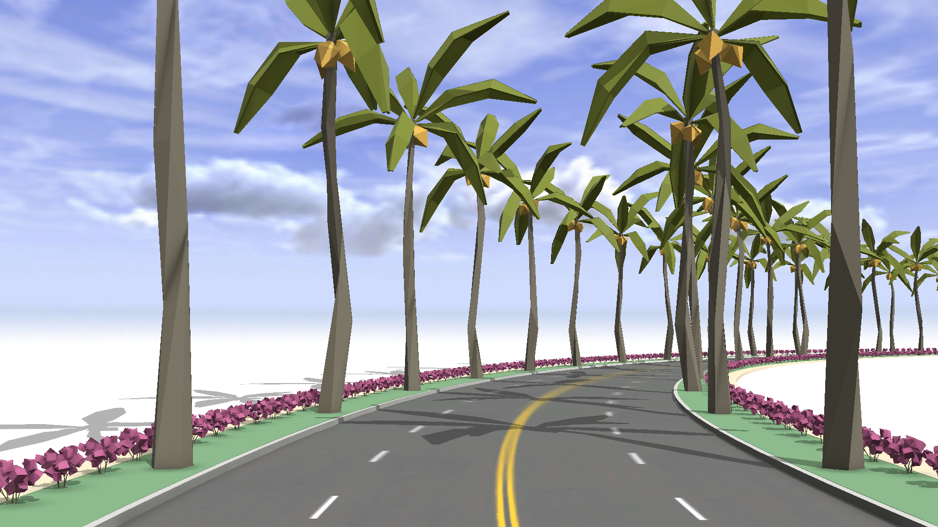 Palm trees along a road lined with bushes