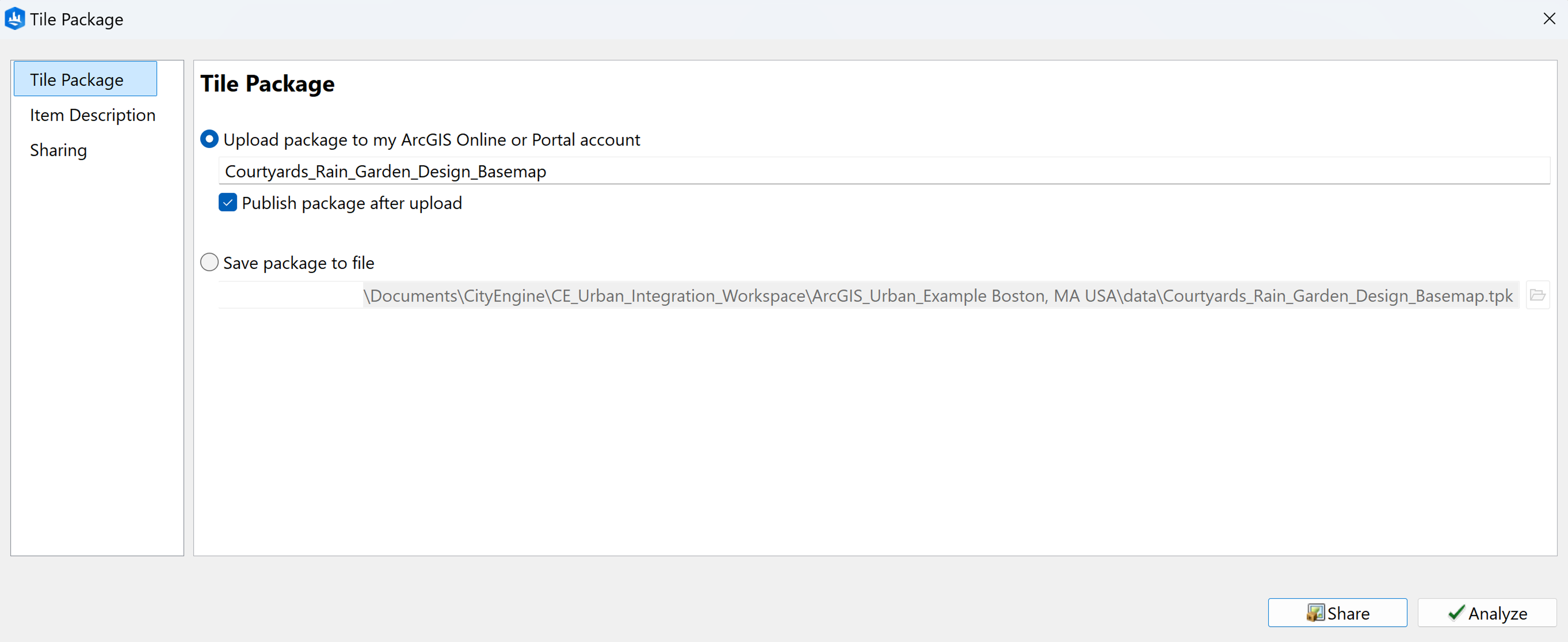 Share Tile Package dialog box