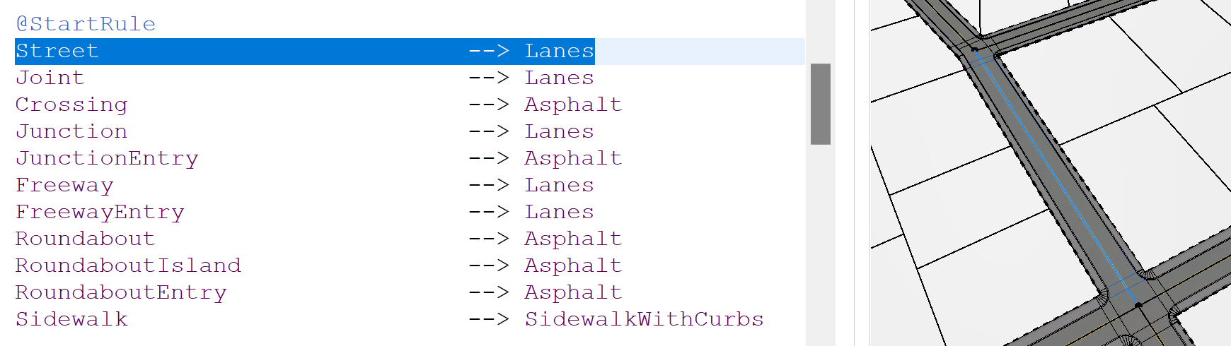 Street segment with start rule in CGA Editor