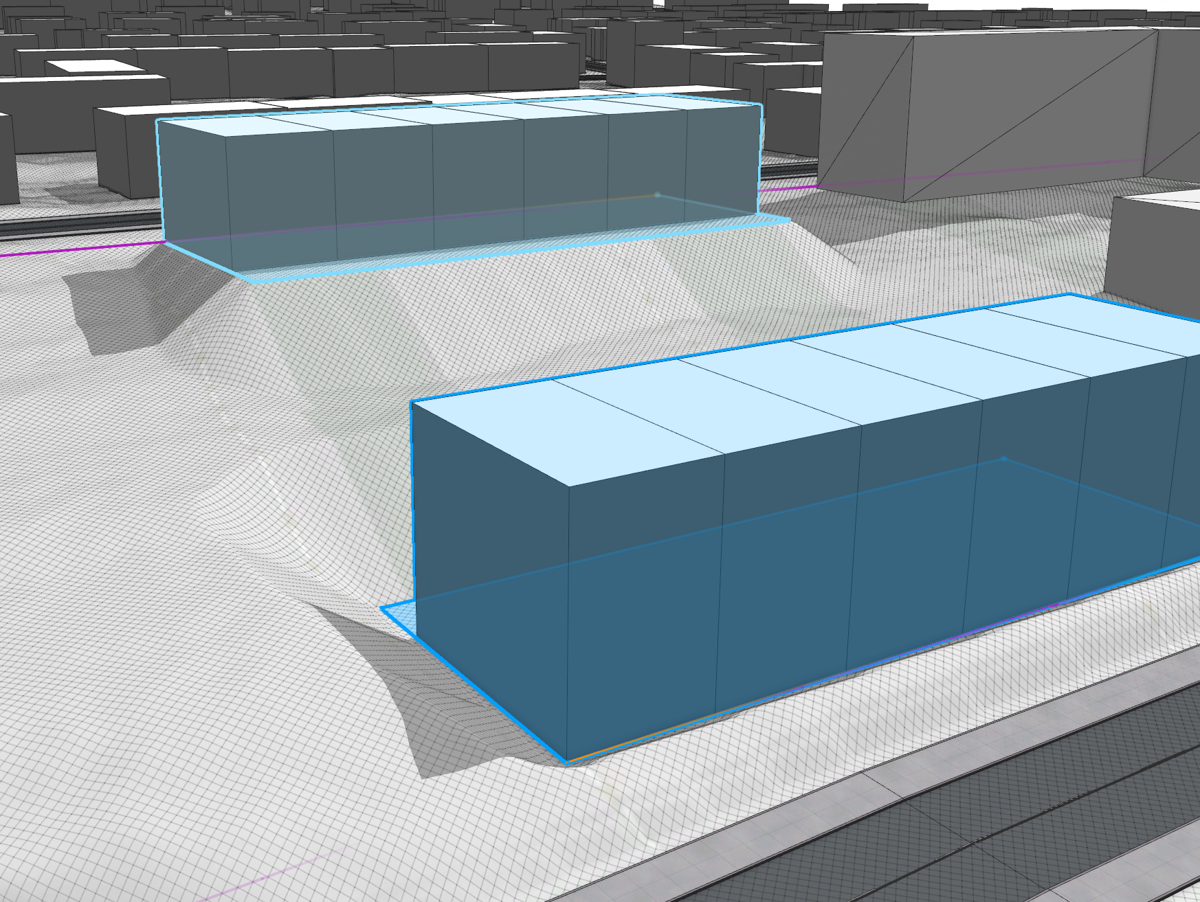 Buildings aligned with Align Terrain to Shapes tool