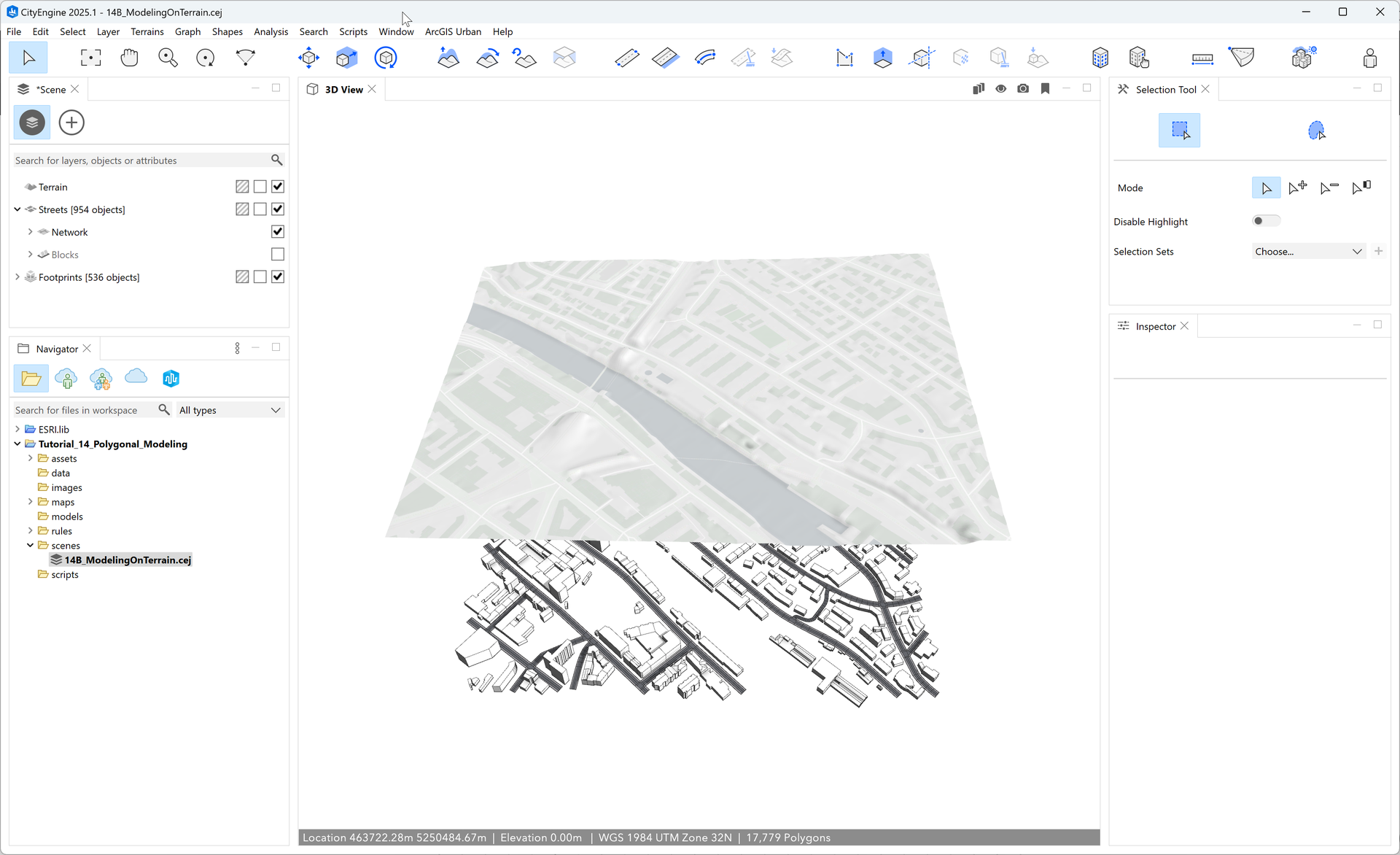 Scene with streets, footprints, and terrain