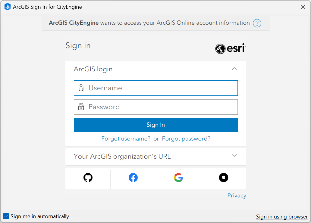 ArcGIS Sign In for CityEngine dialog box