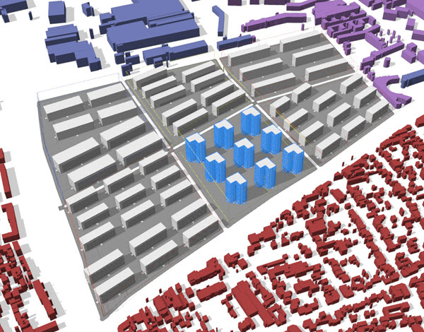 3 by 3 grid of L buildings