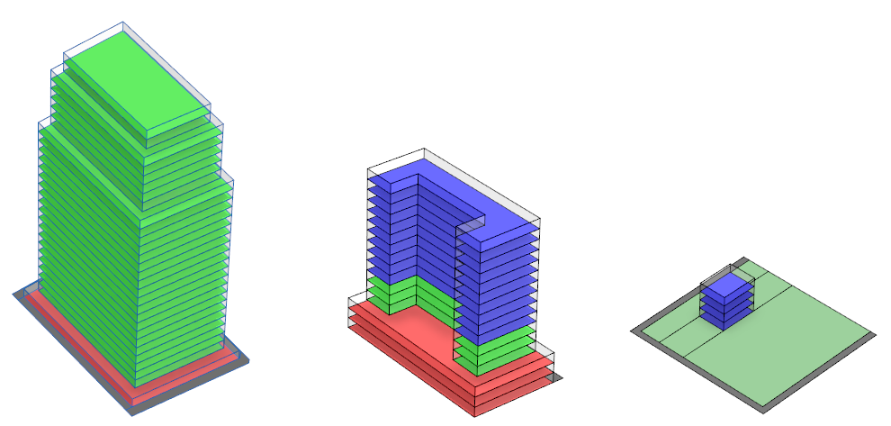 Buildings with different land-use type, left: Office, center: Mixed Office, right: Residential