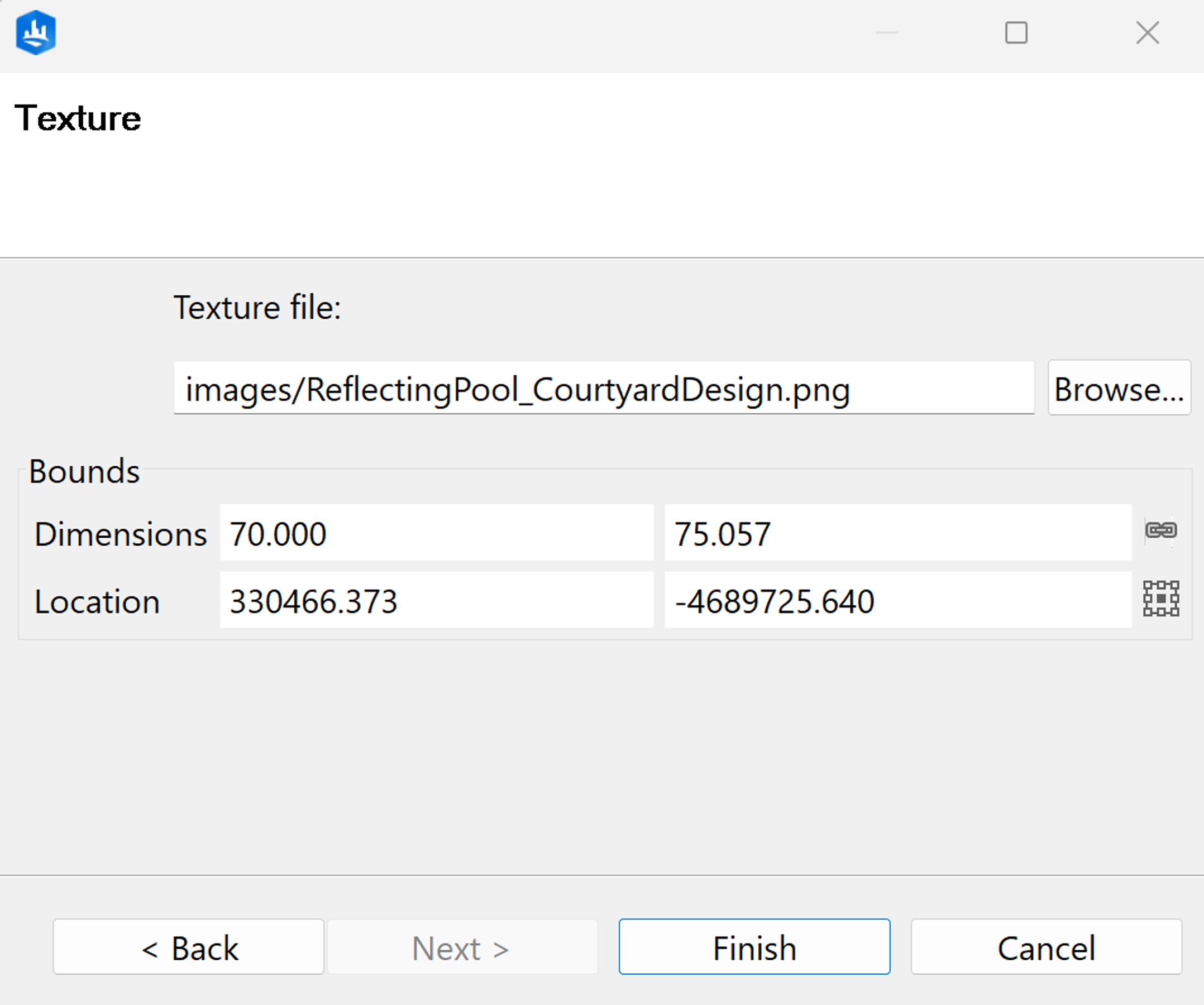 Reflecting pool dimensions and location settings