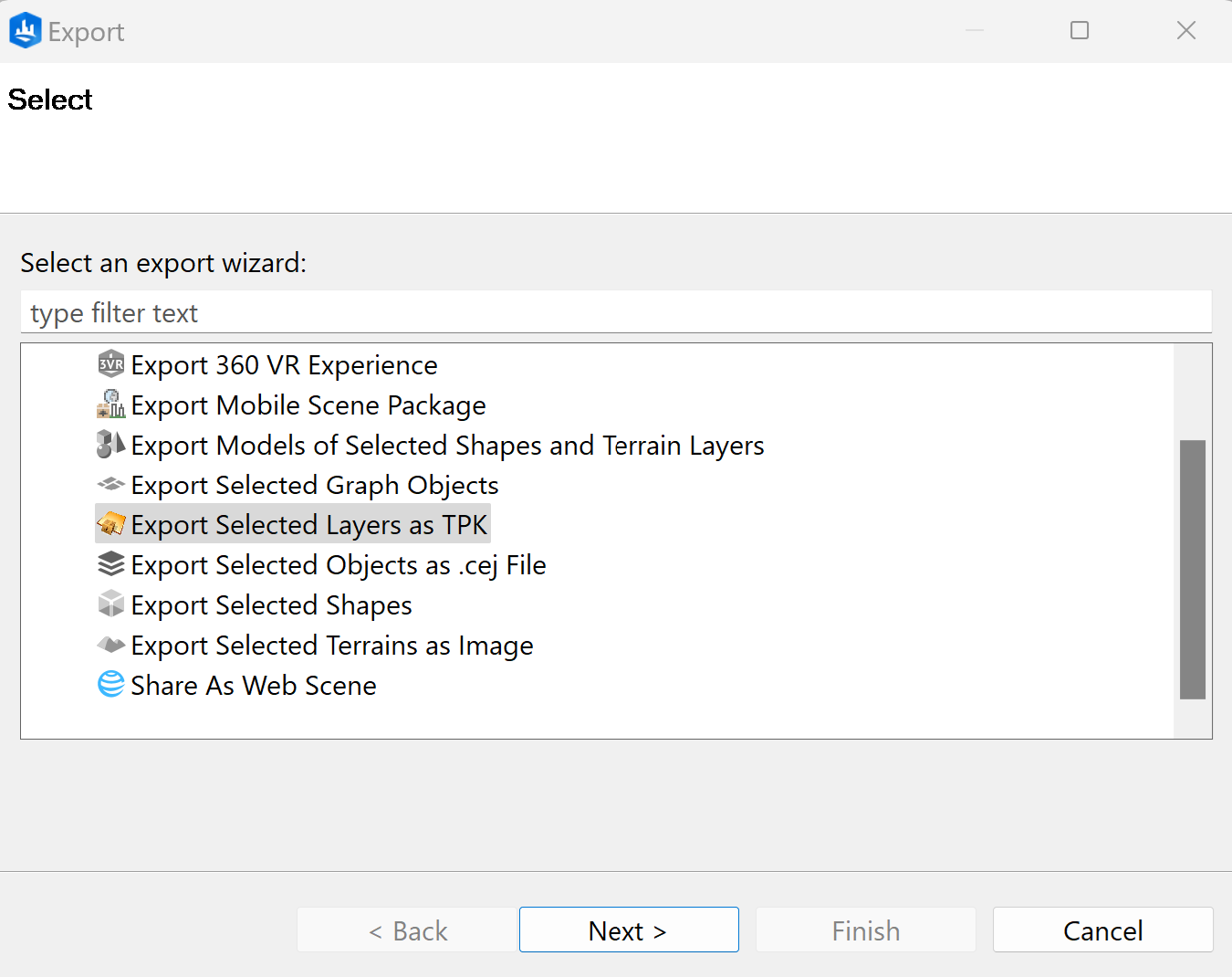 Export Selected Layers as TPK dialog box