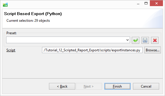 Script Based Export dialog box with the export script set