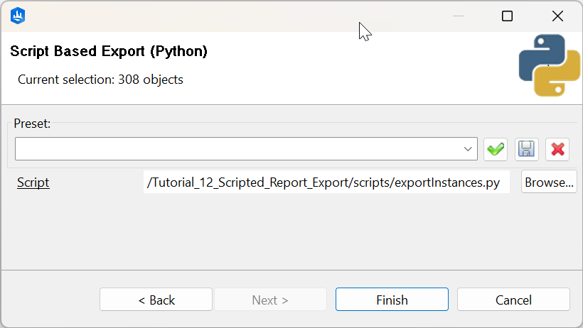 Script Based Export dialog box with the export script set