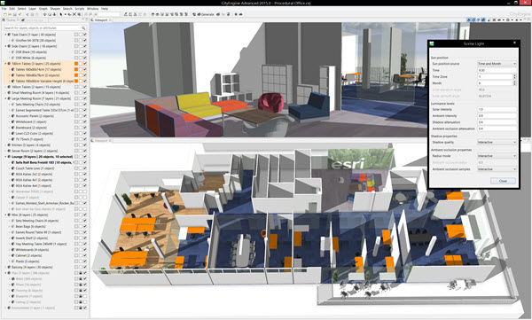 Scene editor for modern layer management and enhanced real-time shadows based on daytime and location