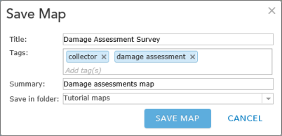 The Save Map dialog box with all fields completed