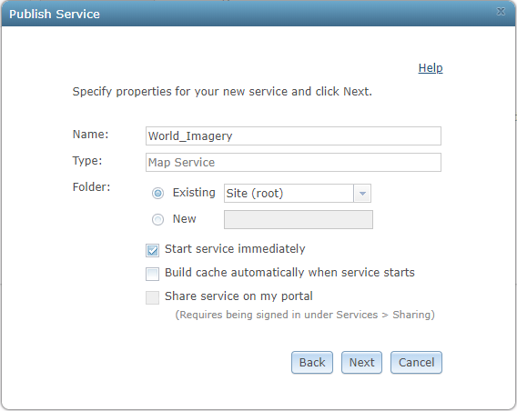 Specify properties for World_Imagery map service.