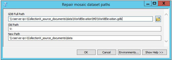 Repair mosaic dataset paths window showing GDB Full Path, Old Path, and New Path