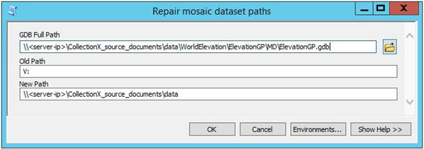 Repair mosaic dataset paths window showing GDB Full Path, Old Path, and New Path