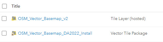 Item list showing OSM Vector Basemap hosted tile layer