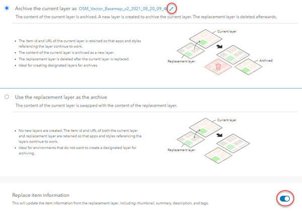 Archive layer with the edit tool and the replace item information toggle button circled