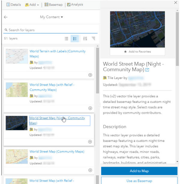 My Content with Add to Map selected for World Street Map (Night - Community Map) vector tile layer