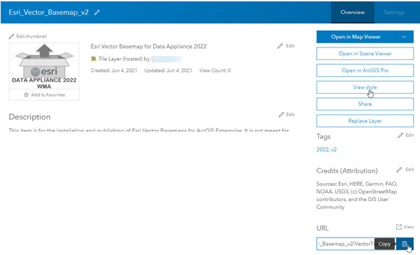 Esri Vector Basemap hosted tile layer with Copy button highlighted