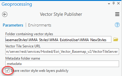 Vector Style Publisher dialog box with Share vector style web layers publicly box checked