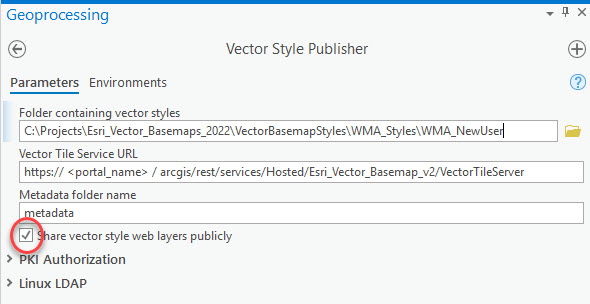 Vector Style Publisher dialog box with Share vector style web layers publicly box checked