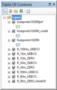 ArcMap table of contents listing layers and tools