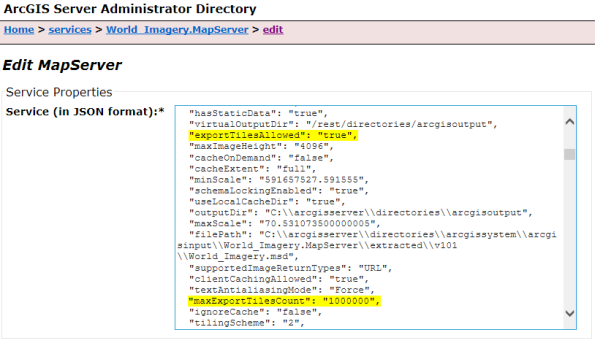 Edit MapServer service properties with edited text highlighted