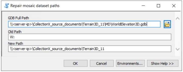Repair mosaic dataset paths window showing GDB Full Path, Old Path, and New Path