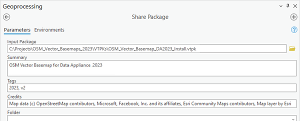 Share Package tool dialog box