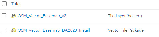 Item list showing OSM Vector Basemap hosted tile layer