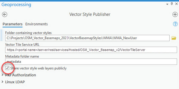 Vector Style Publisher dialog box with Share vector style web layers publicly box checked