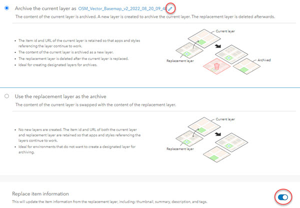 Archive layer with the edit tool and the Replace item information toggle button circled