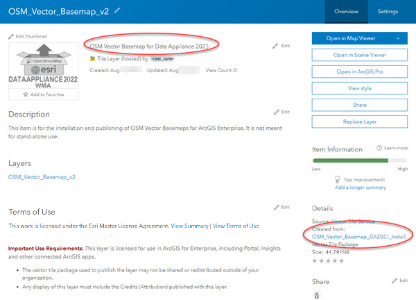 Item page for OSM_Vector_Basemap_v2 vector tile service with title and Created from circled
