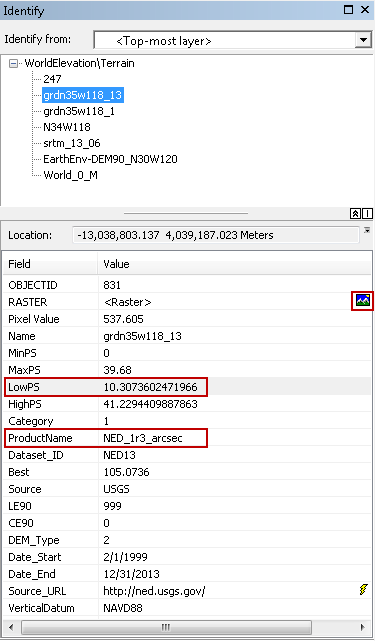 Terrain service Identify results with the NED_1r3_arcsec dataset selected