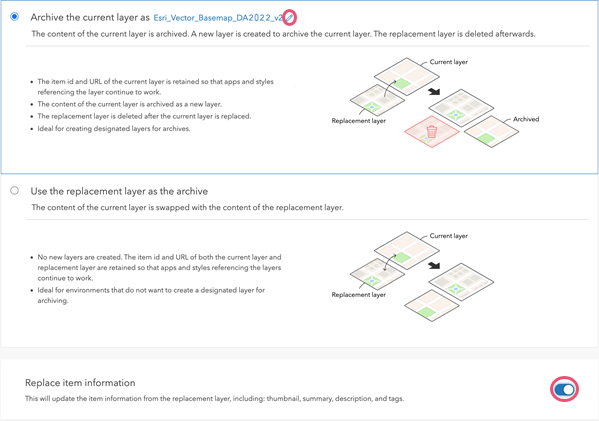 Archive layer with the edit tool and the Replace item information toggle button circled