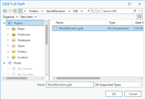 GDB Full Path dialog with WorldElevation.gdb