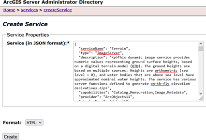 ArcGIS Server Administrator Directory Create Service page