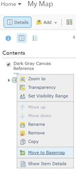 My Map with Move to Basemap selected for Dark Gray Canvas Reference vector tile layer