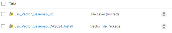 Item list showing Esri Vector Basemap hosted tile layer