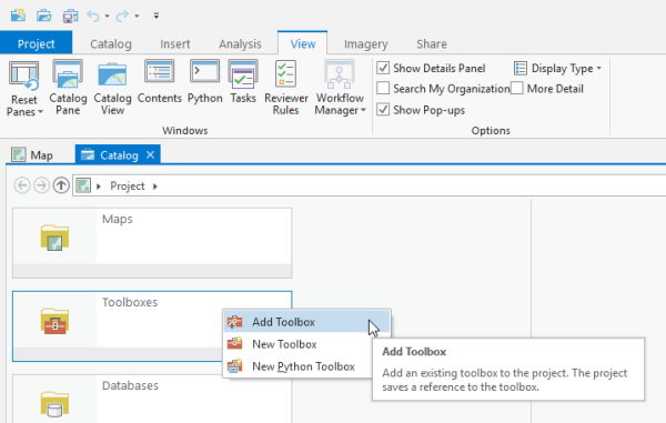 View tab with Catalog view showing Toolboxes options View tab with Catalog view showing Toolboxes options